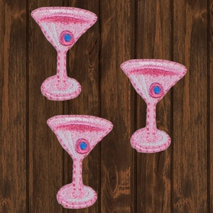 Martini Iron On Patch 3 Pack, 1&quot; Embroidered Cocktail Glass with Olive Applique for Jackets, Bags, Bar Lounge Party Badge Gift