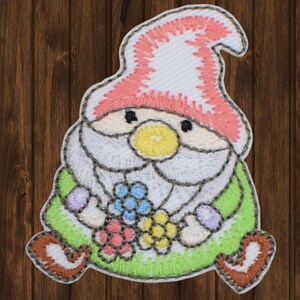 Gnome Embroidered Patch with Flowers, 2" Iron On Garden Gnome Applique, Whimsical Nature Badge for Jackets, Hats, Bags, Craft Lovers