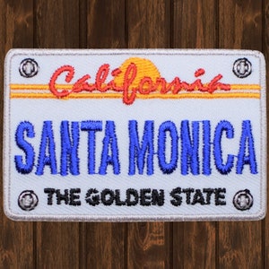 Santa Monica Embroidered Patch, 2.75" Iron On California License Plate Applique, Los Angeles Badge, Travel Souvenir for Jacket or Bag