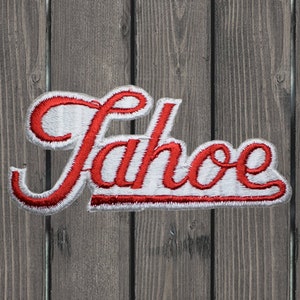 Vintage Lake Tahoe Embroidered Patch, Iron On, Red and White California Nevada Applique, Travel Patch for Jacket Bag Hat, 3-7/8&quot; Badge