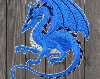 Fantasy Dragon Embroidered Patch, 3.25" Iron On, Blue Dragon Applique, Mythical Creature Badge, Strength Power Luck Embroidery
