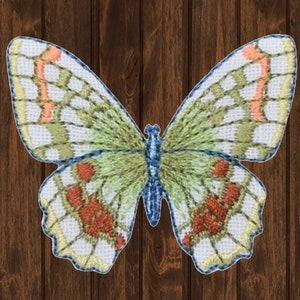 May include: A white butterfly with green, orange, and brown accents. The butterfly is embroidered with intricate details and has a blue body.