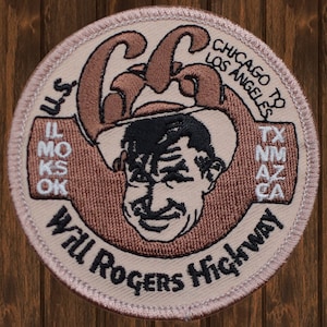 Will Rogers Iron On Patch, 3&quot; Route 66 Embroidered Applique for Jackets, Bags, Backpacks, Chicago to Los Angeles Travel Badge Gift