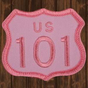 Highway 101 Embroidered Patch, 2.38&quot; Iron On Pink California Oregon Washington Badge for Jackets, Backpacks, Travel Gifts, Road Trip Decor