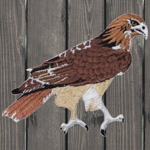 May include: Embroidered patch of a brown and white hawk with its wings spread out. The hawk is perched on a wooden surface.