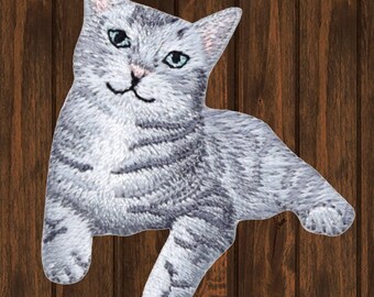 Kitty Cat Iron On Patch, Gray Tabby Kitten Embroidered Applique Badge, Collectible for Jackets, Bags, Hats, Clothing, Gift for Cat Lovers