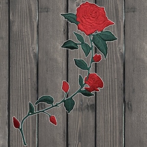 Large Red Rose Embroidered Patch, 5.5&quot; Long Stem Flower Applique Iron On Romantic Love Bloom Badge for Jacket, Backpack, Clothing Decoration