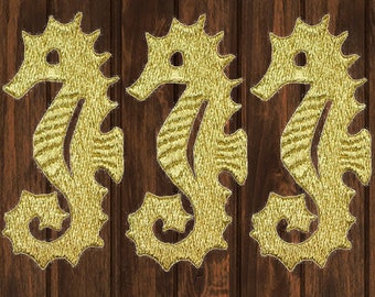 Seahorse Embroidered Patch 3-Pack 2.75" Iron On Tropical Gold Ocean Fish Applique Badge for Jackets Hats Bags Clothes Beachy Decor Gift