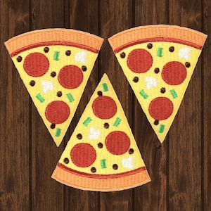 May include: Three embroidered iron-on patches shaped like pizza slices with pepperoni, green peppers, and white cheese. The patches are yellow, orange, red, green, and white.