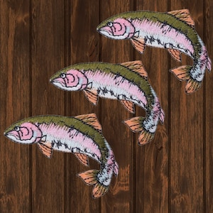 Regenbogen Forelle Fisch Aufnäher, 3-Pack nach links gesticktes Angeln Abzeichen, 5,5 cm Sammlerstück, für Jacken, Rucksäcke, Hüte