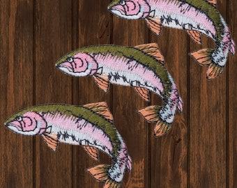 Rainbow Trout Fish Iron On Patch, 3-Pack Facing Left Embroidered Fishing Badge, 2.1" Collectible, for Jackets, Backpacks, Hats