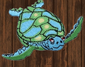 Sea Turtle Embroidered Patch 2.625" Iron On Applique Facing Right Ocean Sea Creature Badge for Jackets, Hats, Bags, Beachy Decor Gift