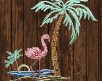 Parche bordado de flamencos y palmeras, 8,9 cm, termoadhesivo, con diseño de pájaro tropical rosa, ideal para chaquetas, mochilas y decoración playera de verano.