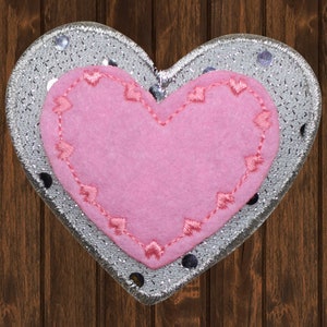 Heart Embroidered Patch Pink Silver Layered Sparkle Love Badge 2.25&quot; Iron On Applique for Jackets, Bags, Hats, Collectible Patch