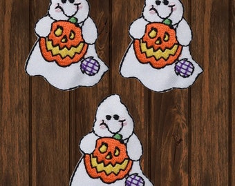 Ghost Embroidered Patch 3-Pack, 1.63" Iron On Halloween Applique with Pumpkin, Spooky Badge for Jackets, Bags, Costumes, Trick or Treat