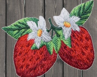 Strawberry Embroidered Patch 2-1/8” Iron On, Fruit Applique Badge, DIY Patch for Jackets, Food Patch for Clothing, Cute Embroidered Patch