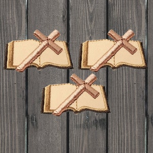 Cross and Bible Embroidered Patch, 1.75&quot; 3-Pack Iron On, Christian Faith Applique, Religious Catholic Badge, Church Jacket Patch