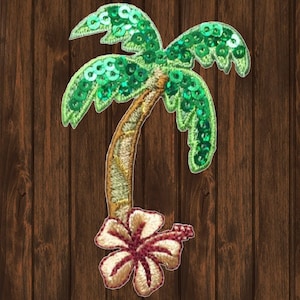 Palm Tree Hibiscus Embroidered Sequin Patch, Iron On Tropical Flower Applique, Beach Badge for Jackets, Backpacks and DIY Crafts