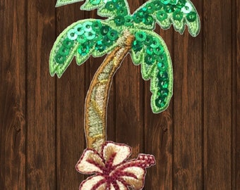 Parche bordado de hibisco con palmeras y lentejuelas, aplique termoadhesivo de flores tropicales, insignia playera para chaquetas, mochilas y manualidades.