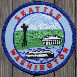 Seattle Embroidered Patch, 3&quot; Iron On Washington State Badge with Space Needle, Mt. Rainier, Ferry, Stadium, Travel Souvenir Applique
