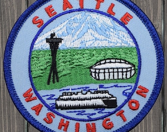 Seattle Embroidered Patch, 3" Iron On Washington State Badge with Space Needle, Mt. Rainier, Ferry, Stadium, Travel Souvenir Applique