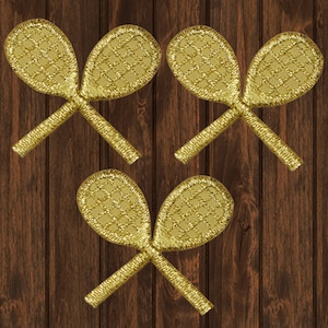 Gold Tennis Racket Embroidered Patch, 3-Pack Iron-On, Sports Applique for Jackets, Backpacks, Hats and Tennis Lovers