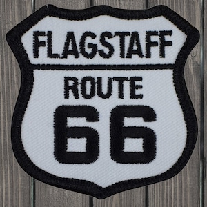 Flagstaff Route 66 Patch, Arizona Road Trip Badge, 2.5&quot;, Iron On, Embroidered Travel Patch, Historic Highway 66, AZ Souvenir, Jacket Patch