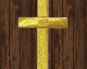 Large Gold Cross Iron On Patch, Christian Religious Embroidered Applique Badge for Jackets, Hats, Bags, Faith Jesus Symbol Patch 3&quot;