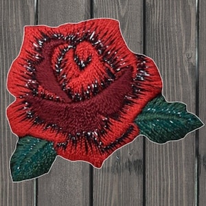 Red Rose Embroidered Patch, 1-7/8" Iron On Flower Bud Applique Badge with Leaves, Floral Jacket Backpack Hat Patch, Gardening Gift