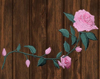 Large Pink Rose Patch, Floral Embroidery, Long Stem Flower, Bloom Applique, Romantic Iron On, Jacket Decor, Elegant Botanical Badge 5.5"