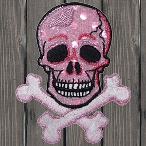 Skull Crossbones Iron On Patch, Shimmery Pink Skeleton Embroidered Applique Badge for Jackets, Hats, Bags, Edgy Punk Patch 2.75&quot;