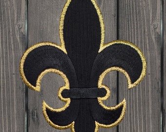 Extra Large Fleur De Lis Iron On Patch, Black and Metallic Gold Embroidered Applique Badge for Jackets Hats Bags Crafts Gift 4 Inch
