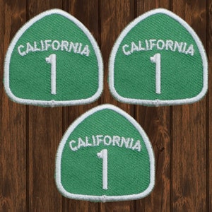 Mini Highway One California Iron On Patch Set, 3-Pack CA Hwy 1 Road Sign Embroidered Badges for Travel Backpacks, Jackets, West Coast