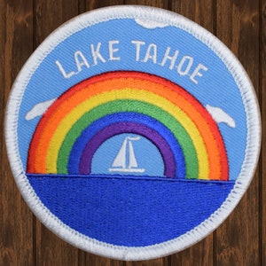 Lake Tahoe Embroidered Patch, 3&quot; Iron On Rainbow Sailboat Badge with California Nevada State Lines for Jackets, Travel Decor, Backpacks