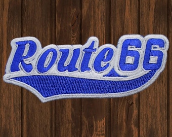 Route 66 Iron-On Patch - Blue and White Script Badge
