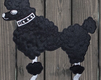 Medium Poodle Embroidered Patch 4.75" Iron On Black Dog Facing Left Applique Badge for Jackets, Hats, Bags, Retro Sock Hop Decor Gift