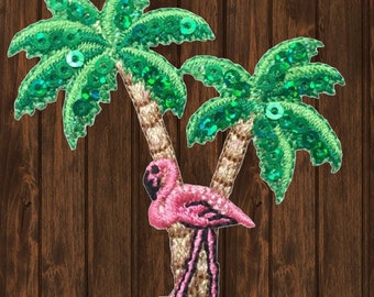 Flamingo Palm Trees Patch, Embroidered Iron On, Tropical Bird Applique, Pink Waterfowl, Beach Badge for Jackets Backpacks DIY 2.25"