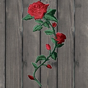 Red Rose Embroidered Patch, Iron On, Left Facing Love Flower Badge Applique, 3.5 Inch Patch for Jacket Hat Bag, Romantic Floral Gift