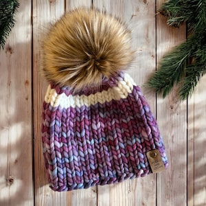 Merino Wool Beanie - Hand knit Beanie - Perfect fall and winter hat - Ethically Sourced Wool Hat - Wool Knit Hat with Faux Fur Pom Pom