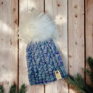 Blue Merino Wool Beanie - Hand knit Beanie - Perfect fall and winter hat - Ethically Sourced Wool Hat - Wool Knit Hat with Faux Fur Pom Pom