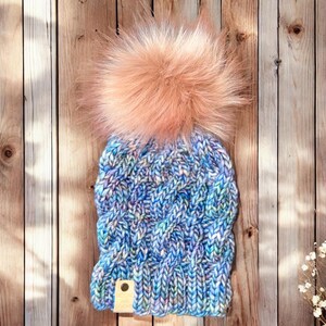 Merino Wool Beanie - Hand knit Beanie - Perfect fall and winter hat - Ethically Sourced Wool Hat - Wool Knit Hat with Faux Fur Pom Pom