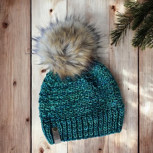 Merino Wool Beanie - Hand knit Beanie - kids Beanie - Ethically Sourced Wool Hat - Wool Knit Hat with Faux Fur Pom Pom - Green wool Toque