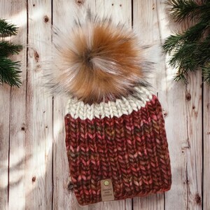 Merino Wool Beanie - Hand knit Beanie - Perfect fall and winter hat - Ethically Sourced Wool Hat - Wool Knit Hat with Faux Fur Pom Pom