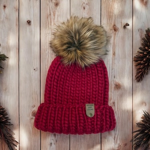 Peruvian Wool Beanie - Hand knit Beanie - Perfect fall and winter hat - Ethically Sourced Wool Hat - Wool Knit Hat with Faux Fur Pom Pom
