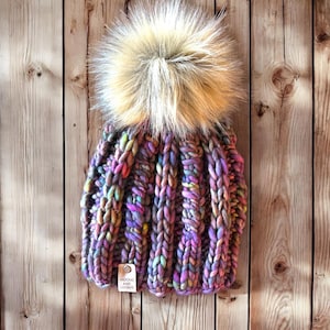 Merino Wool Beanie - Hand knit Beanie - Perfect fall and winter hat - Ethically Sourced Wool Hat - Wool Knit Hat with Faux Fur Pom Pom
