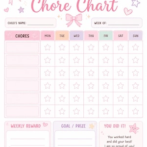 May include: A weekly chore chart printed on white paper with pastel pink, purple, and yellow accents. The header reads MY WEEKLY Chore Chart. It includes sections for child's name, week of, chores, days of the week, rewards, goals, and a You did it section with the text You worked hard and did your best! I am so proud of you! The bottom features the text BE KIND WORK HARD HAVE FUN.