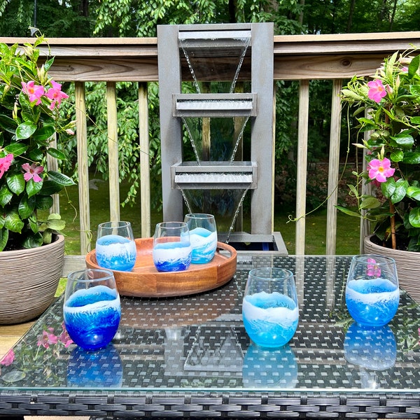 Set of 2- Gorgeous ocean wine glass- stemless wine glass-barware-summer cocktails-wine lovers gift-ocean art-resin art-beach decor-poolside