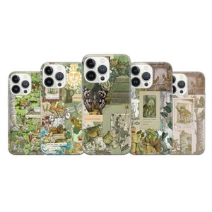 May include: Set of six iPhone cases featuring a collage of green and brown illustrations of frogs, butterflies, and plants. The cases have a vintage aesthetic and feature text like "The Lovers" and "It is enough for me, anything".
