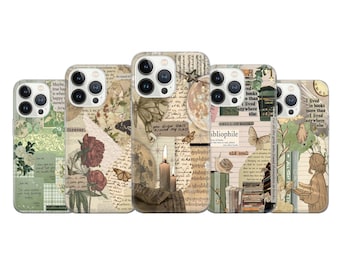 Op de afbeelding: Een verzameling telefoonhoesjes met vintage ontwerpen. Elke hoes heeft een unieke collage van bloemmotieven, handgeschreven tekst, vlinders en hemelse motieven. Sommige hoesjes bevatten tekst zoals "forever" en "Smell of Books."
