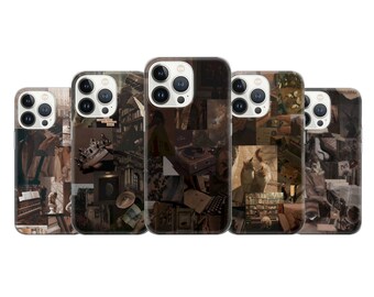 May include: Set of five phone cases with a collage of brown and beige images. The images include a cat, a typewriter, a record player, a crown, and a book.
